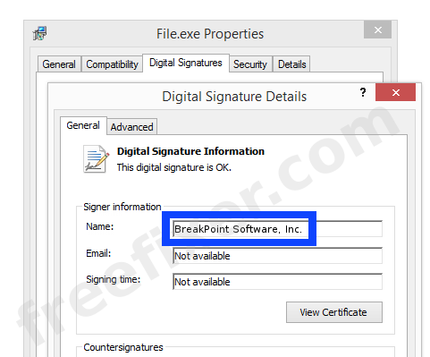 Screenshot of the BreakPoint Software, Inc. certificate
